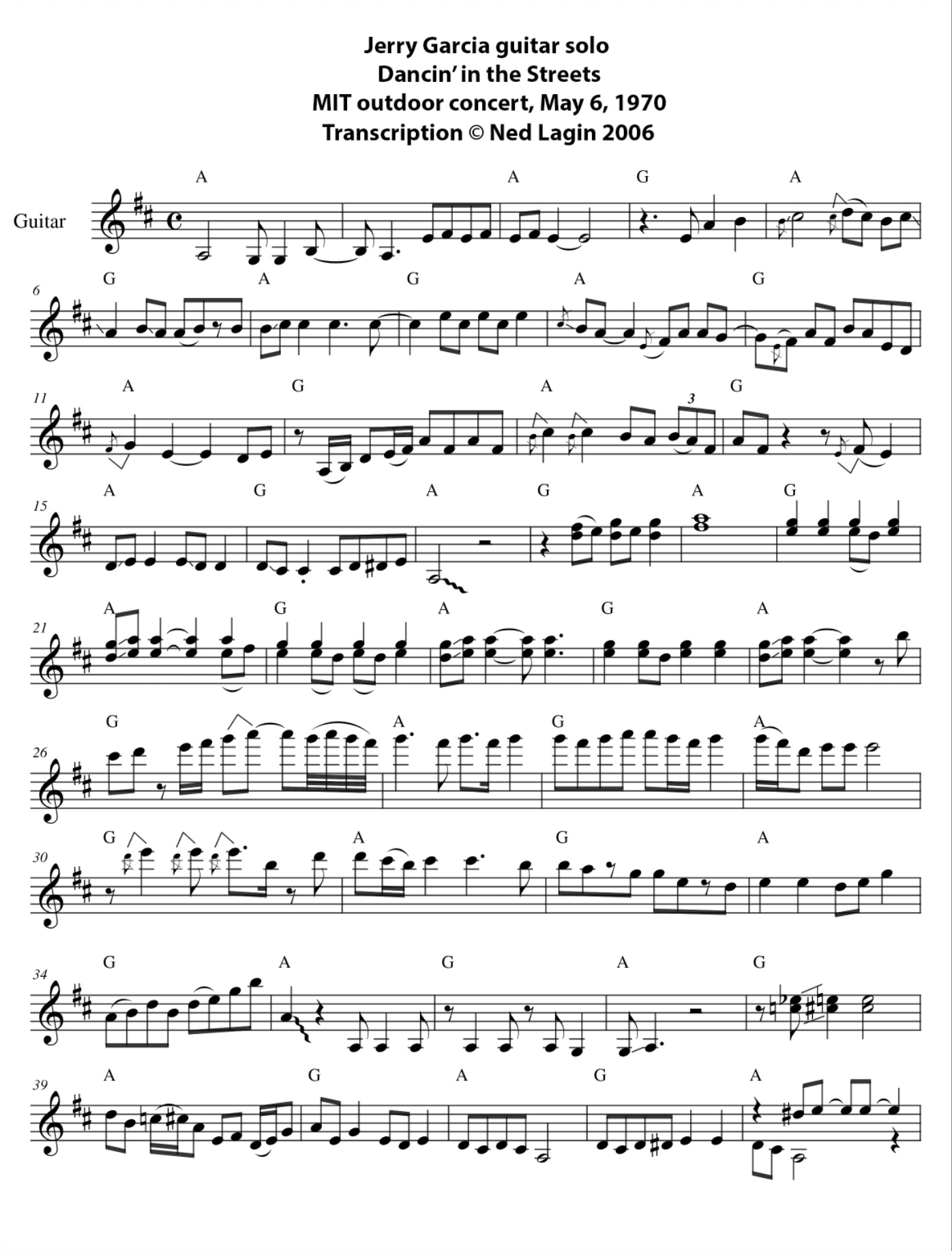 Jerry Garcia guitar solo transcription Page 1 - Photo © Ned Lagin